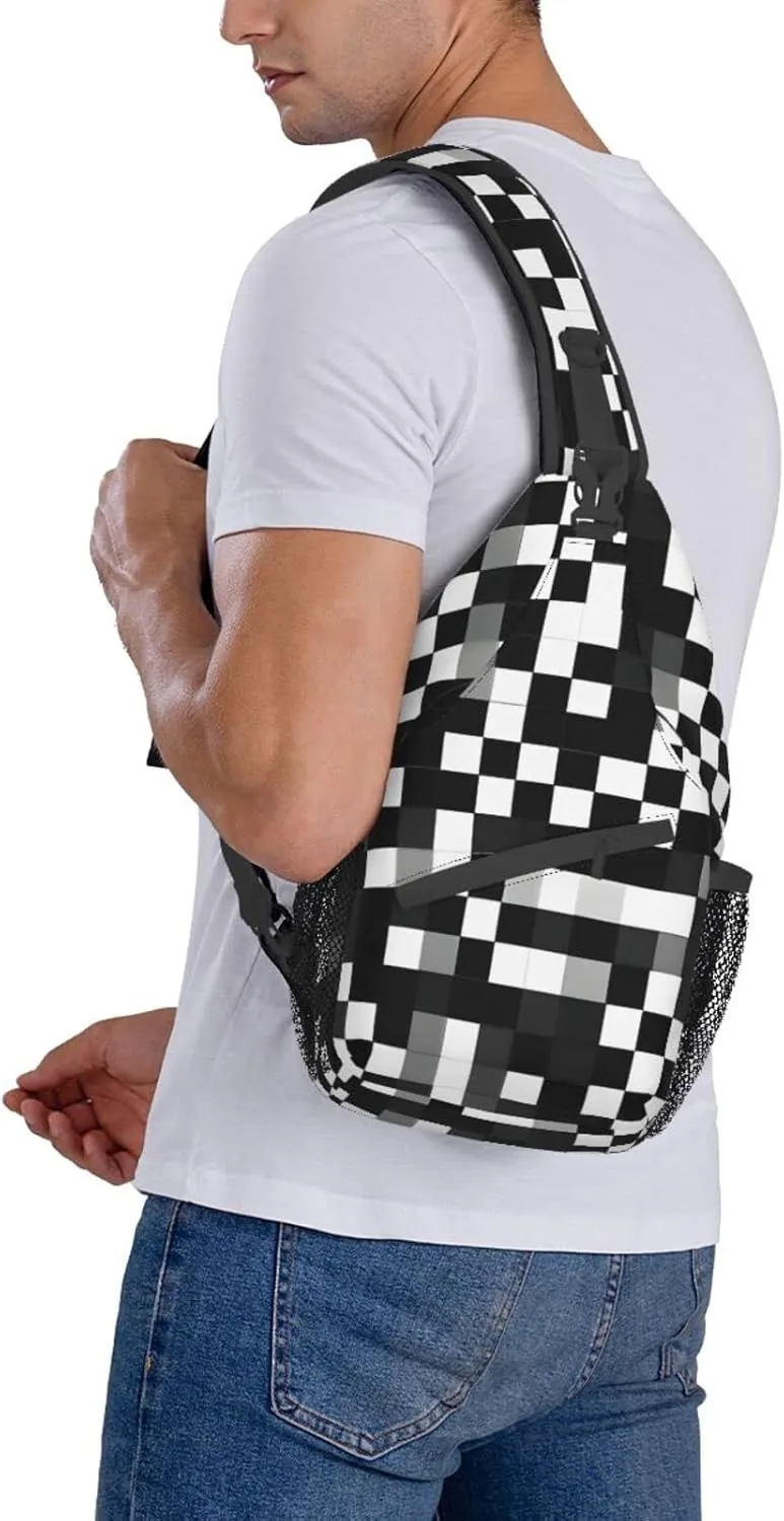 Black White Formula Checkered Pattern Print Sling Backpack, Sling Bag, Crossbody Chest Bag Daypack, for Hiking Travel