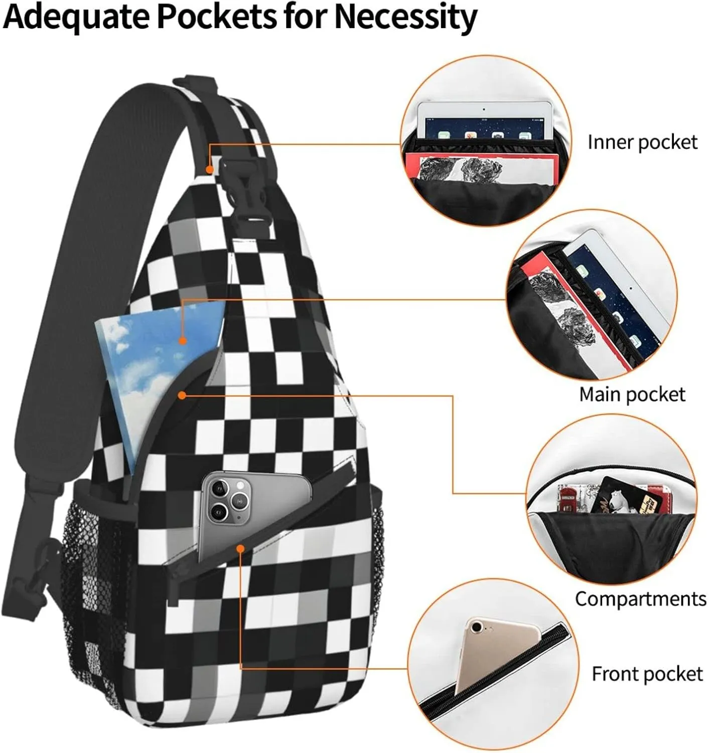 Black White Formula Checkered Pattern Print Sling Backpack, Sling Bag, Crossbody Chest Bag Daypack, for Hiking Travel