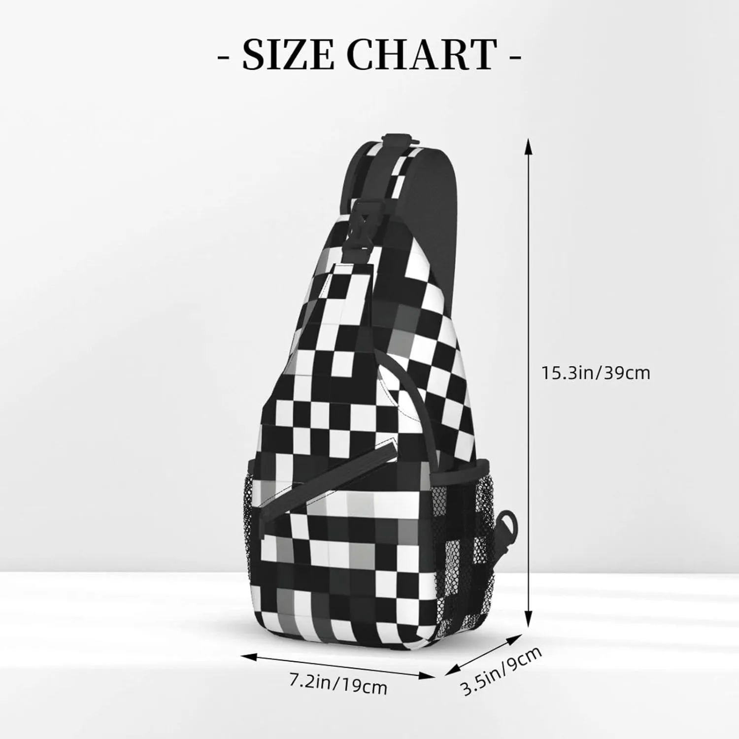 Black White Formula Checkered Pattern Print Sling Backpack, Sling Bag, Crossbody Chest Bag Daypack, for Hiking Travel
