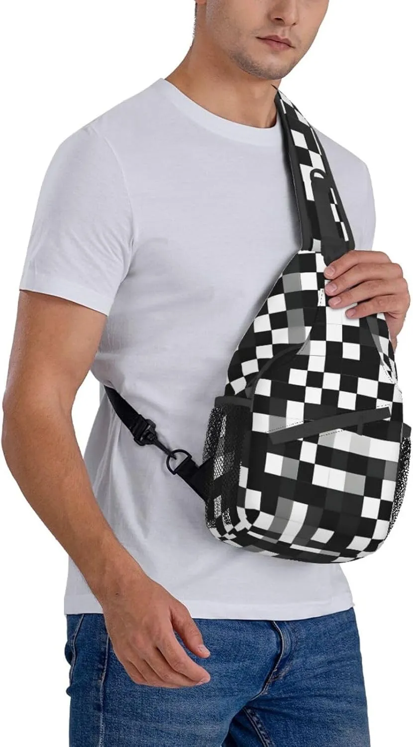 Black White Formula Checkered Pattern Print Sling Backpack, Sling Bag, Crossbody Chest Bag Daypack, for Hiking Travel