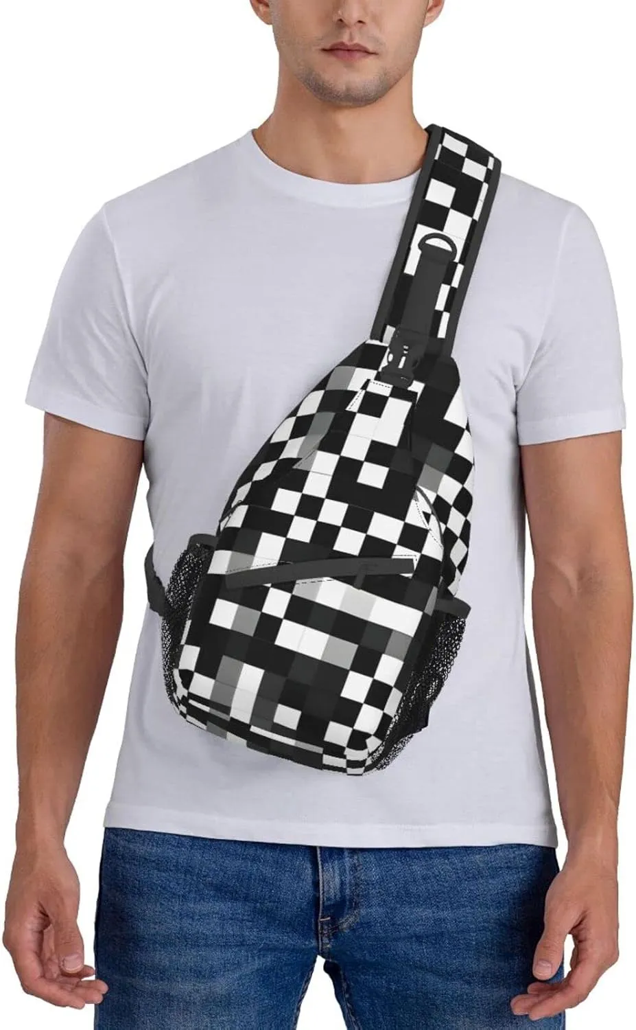 Black White Formula Checkered Pattern Print Sling Backpack, Sling Bag, Crossbody Chest Bag Daypack, for Hiking Travel