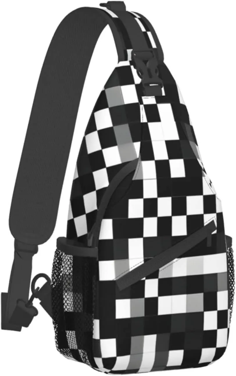 Black White Formula Checkered Pattern Print Sling Backpack, Sling Bag, Crossbody Chest Bag Daypack, for Hiking Travel