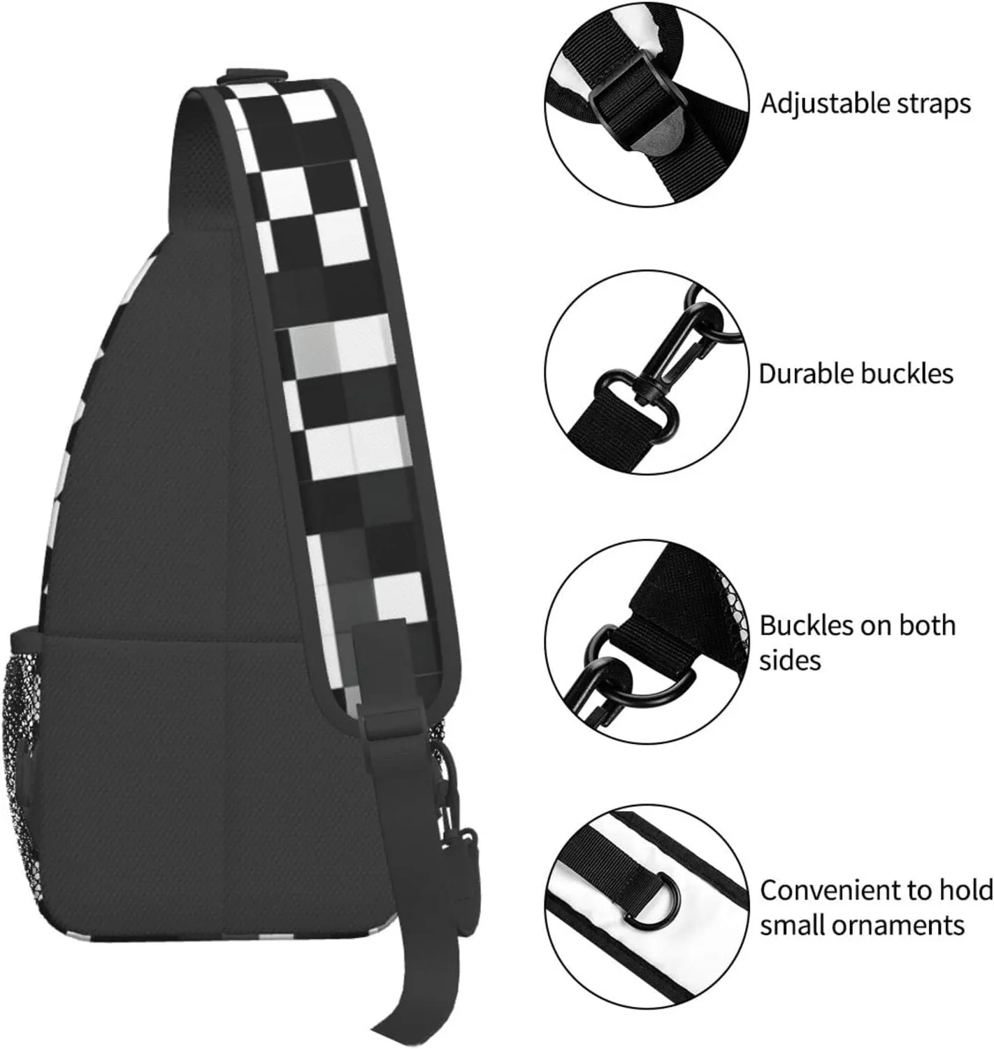Black White Formula Checkered Pattern Print Sling Backpack, Sling Bag, Crossbody Chest Bag Daypack, for Hiking Travel