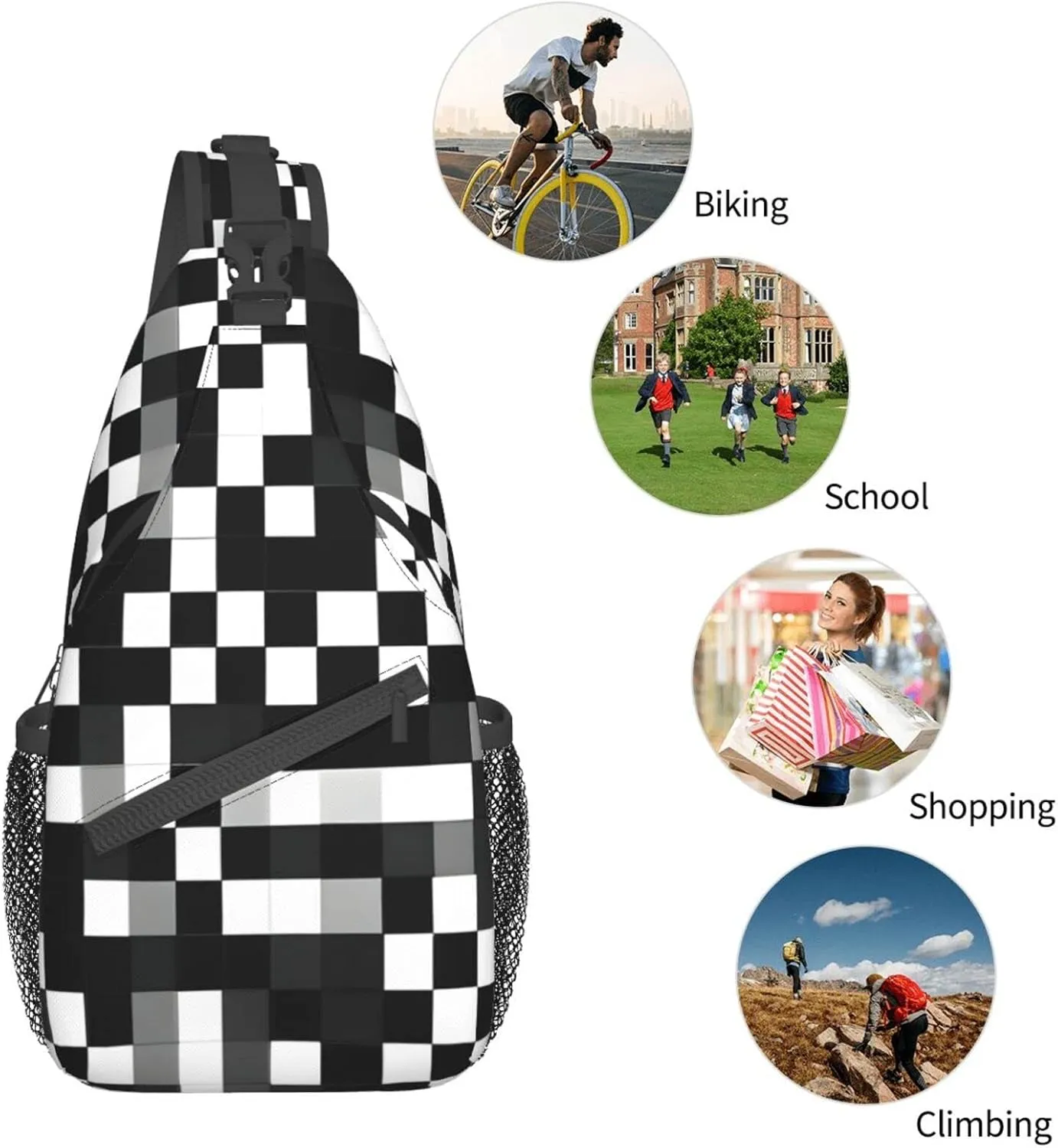Black White Formula Checkered Pattern Print Sling Backpack, Sling Bag, Crossbody Chest Bag Daypack, for Hiking Travel