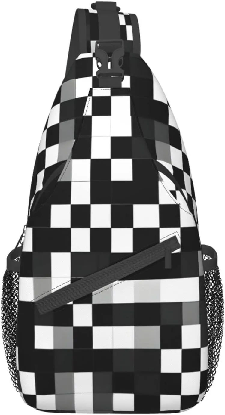 Black White Formula Checkered Pattern Print Sling Backpack, Sling Bag, Crossbody Chest Bag Daypack, for Hiking Travel