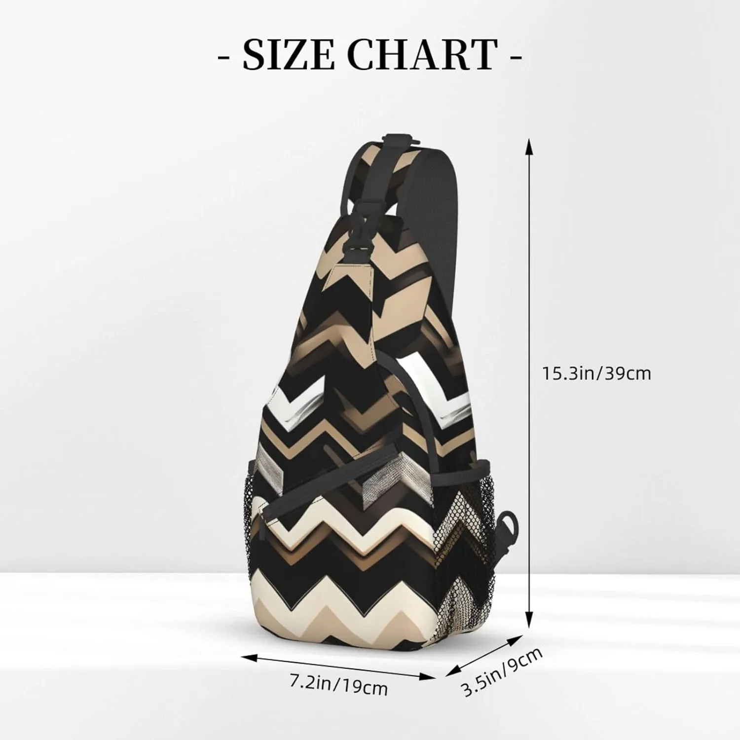 Black White Tan Zigzag Print Sling Backpack, Sling Bag, Crossbody Chest Bag Daypack, for Hiking Travel