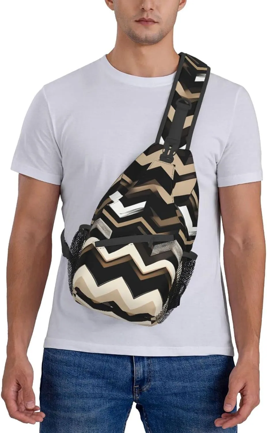 Black White Tan Zigzag Print Sling Backpack, Sling Bag, Crossbody Chest Bag Daypack, for Hiking Travel