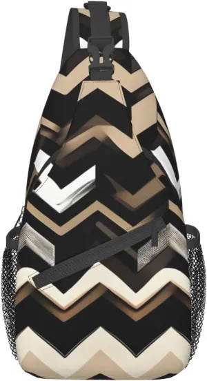 Black White Tan Zigzag Print Sling Backpack, Sling Bag, Crossbody Chest Bag Daypack, for Hiking Travel