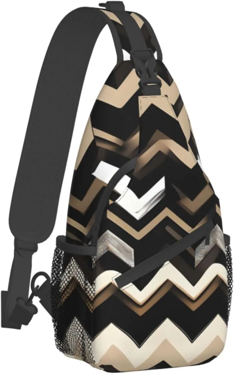 Black White Tan Zigzag Print Sling Backpack, Sling Bag, Crossbody Chest Bag Daypack, for Hiking Travel