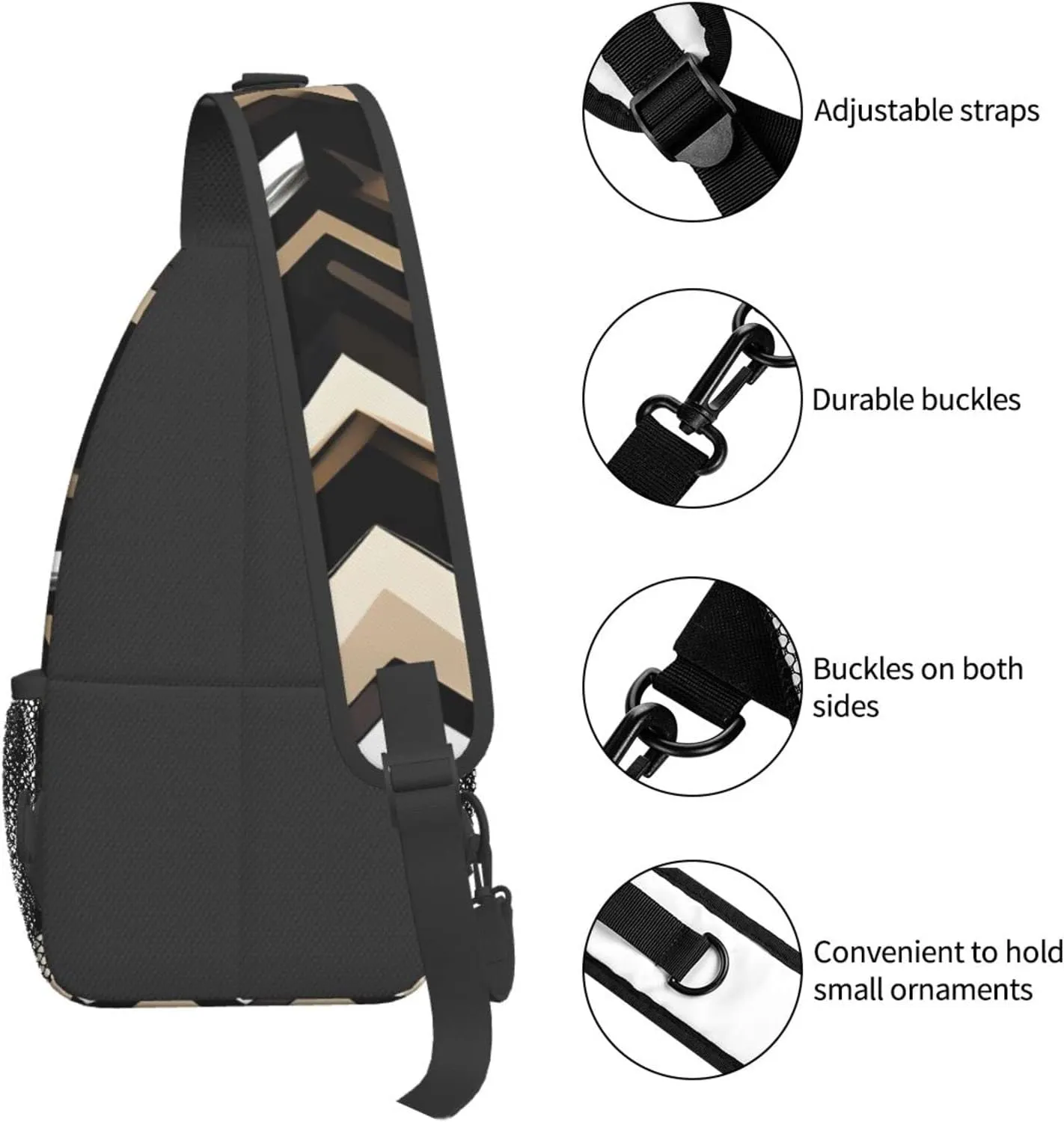 Black White Tan Zigzag Print Sling Backpack, Sling Bag, Crossbody Chest Bag Daypack, for Hiking Travel
