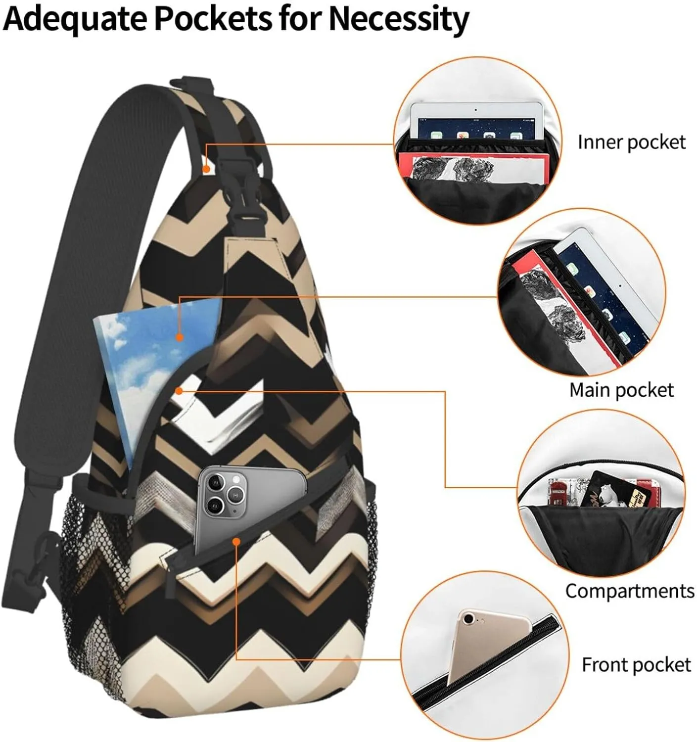 Black White Tan Zigzag Print Sling Backpack, Sling Bag, Crossbody Chest Bag Daypack, for Hiking Travel