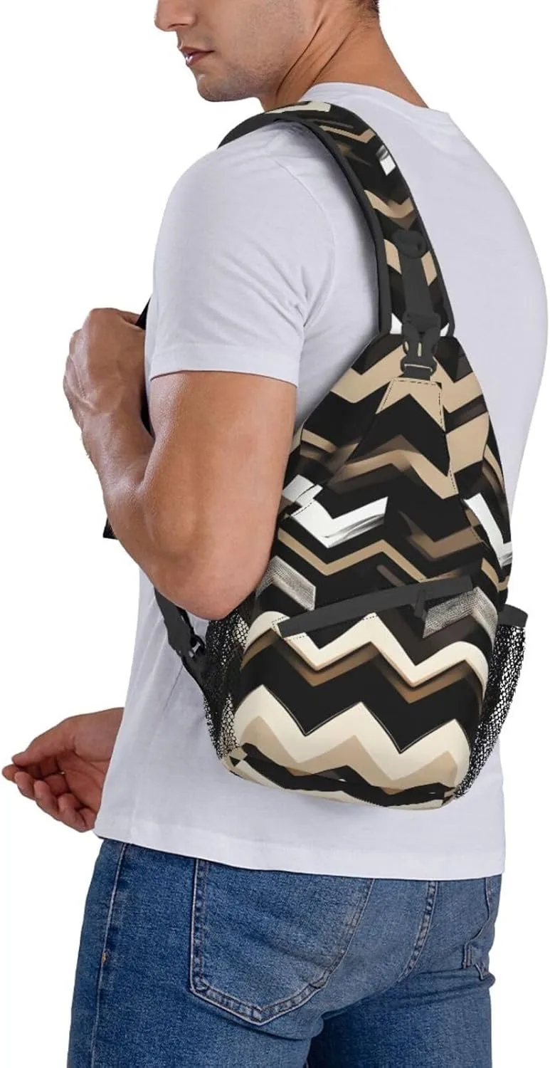 Black White Tan Zigzag Print Sling Backpack, Sling Bag, Crossbody Chest Bag Daypack, for Hiking Travel