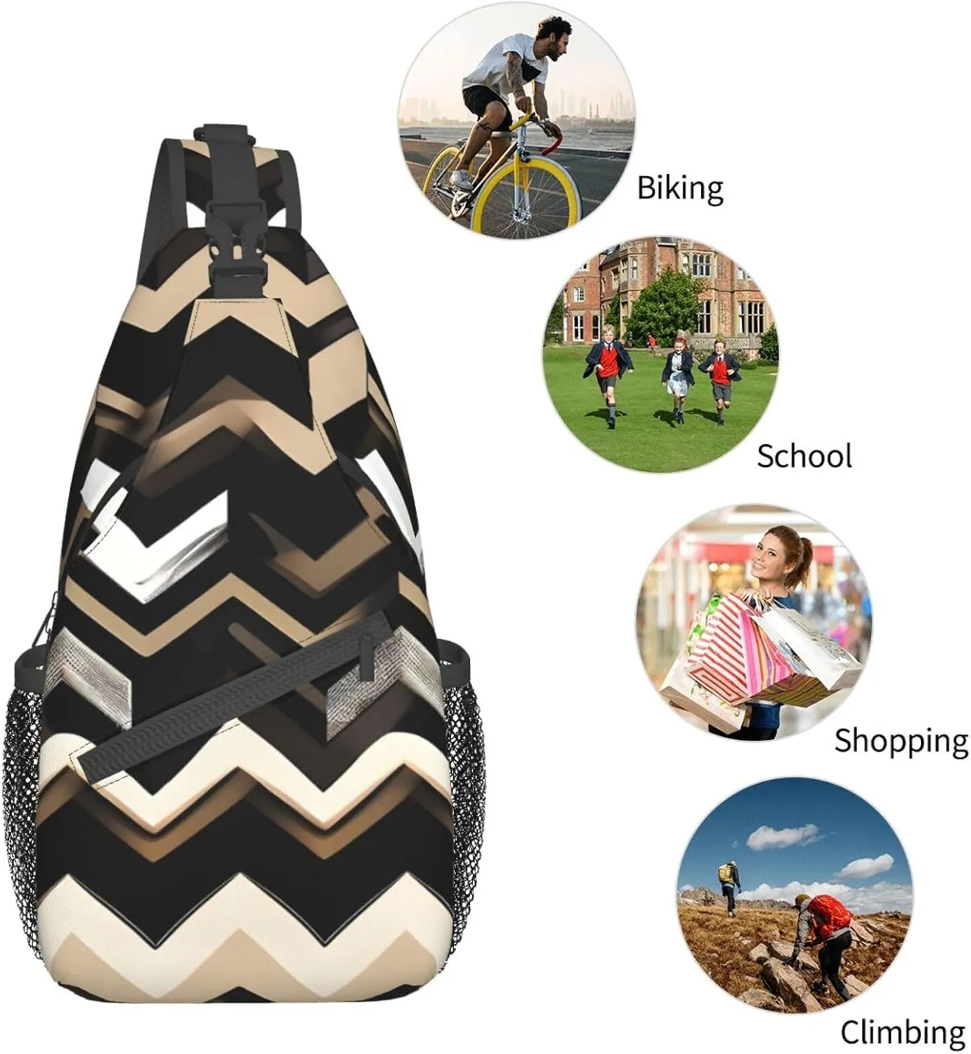 Black White Tan Zigzag Print Sling Backpack, Sling Bag, Crossbody Chest Bag Daypack, for Hiking Travel