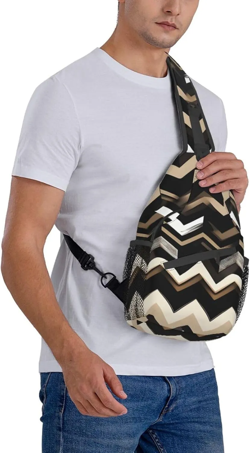 Black White Tan Zigzag Print Sling Backpack, Sling Bag, Crossbody Chest Bag Daypack, for Hiking Travel