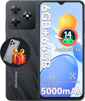 Blackview Wave 8C Unlocked Android Phones, Android 14 Unlocked Phones, Octa-Core 6GB 64GB/SD 2TB, 5000mAh Smart Phone, 6.56" HD, 2 Years Warranty, 3 Card Slots, 4G Dual T-Mobile, 3.5mm Headphone Jack
