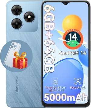 Blackview Wave 8C Unlocked Cell Phone, Android 14 Unlocked Phones, 5000mAh Smartphone, Octa-Core 6GB 64GB/SD 2TB Expand, 6.56"HD, 2 Years Warranty, 3 Card Slots, 3.5mm Headphone Jack, 4G Dual T-Mobile