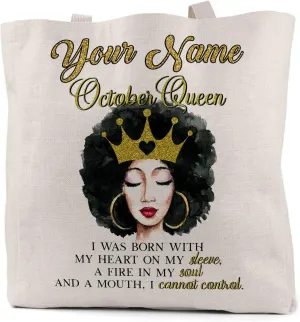 Bleu Reign Reusable Tote Bag Personalized Custom Name Gold Crown African American Birthday Queen Month October Linen Travel