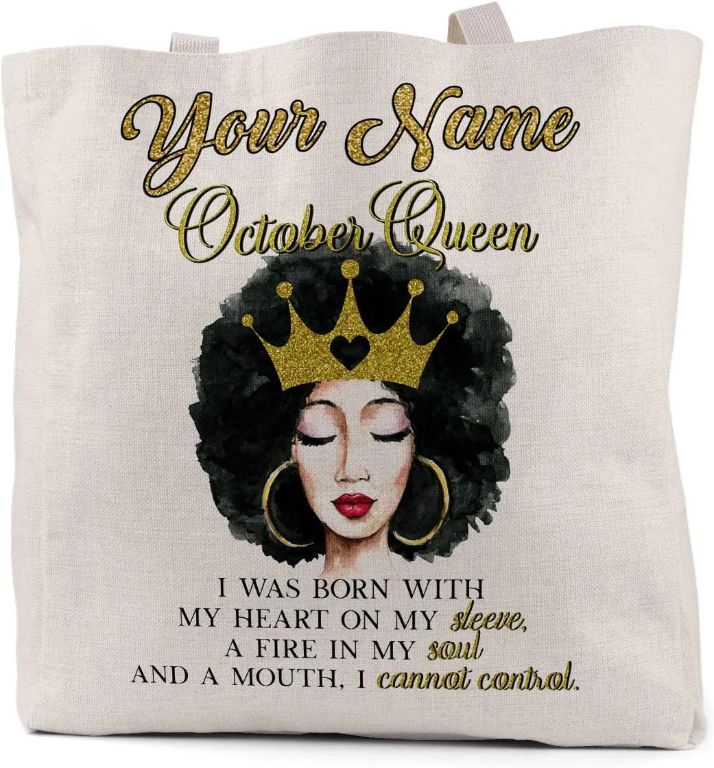 Bleu Reign Reusable Tote Bag Personalized Custom Name Gold Crown African American Birthday Queen Month October Linen Travel