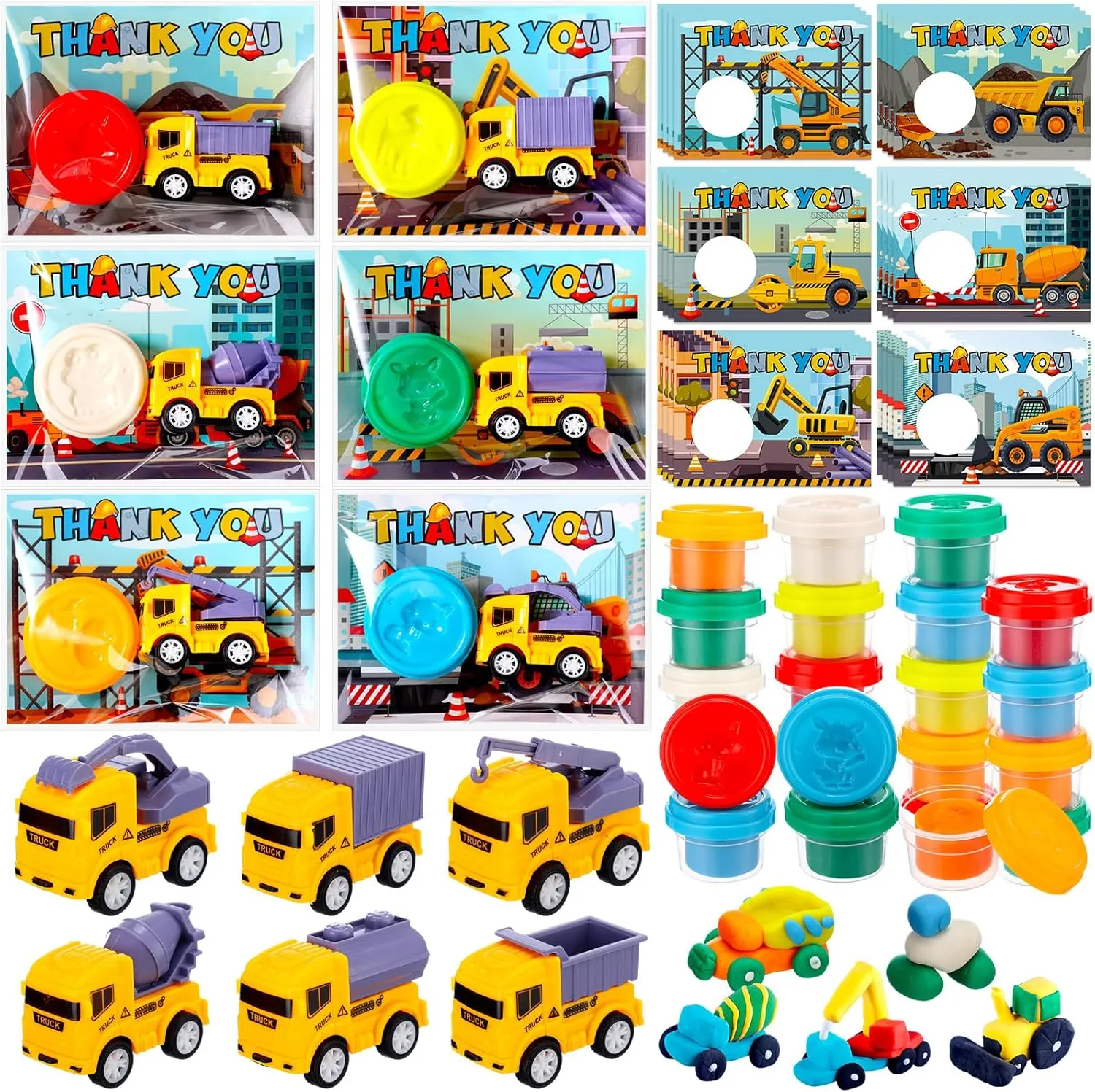 Blosssound 24 Sets Construction Party Favors Set,Mini Construction Vehicles Traffic Zone Gift Cards DIY Molding Clays Dump Truck Theme Gifts for Boys Girls Traffic Zone Birthday Goodie Bag Filler