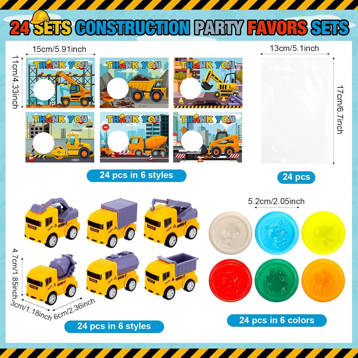 Blosssound 24 Sets Construction Party Favors Set,Mini Construction Vehicles Traffic Zone Gift Cards DIY Molding Clays Dump Truck Theme Gifts for Boys Girls Traffic Zone Birthday Goodie Bag Filler