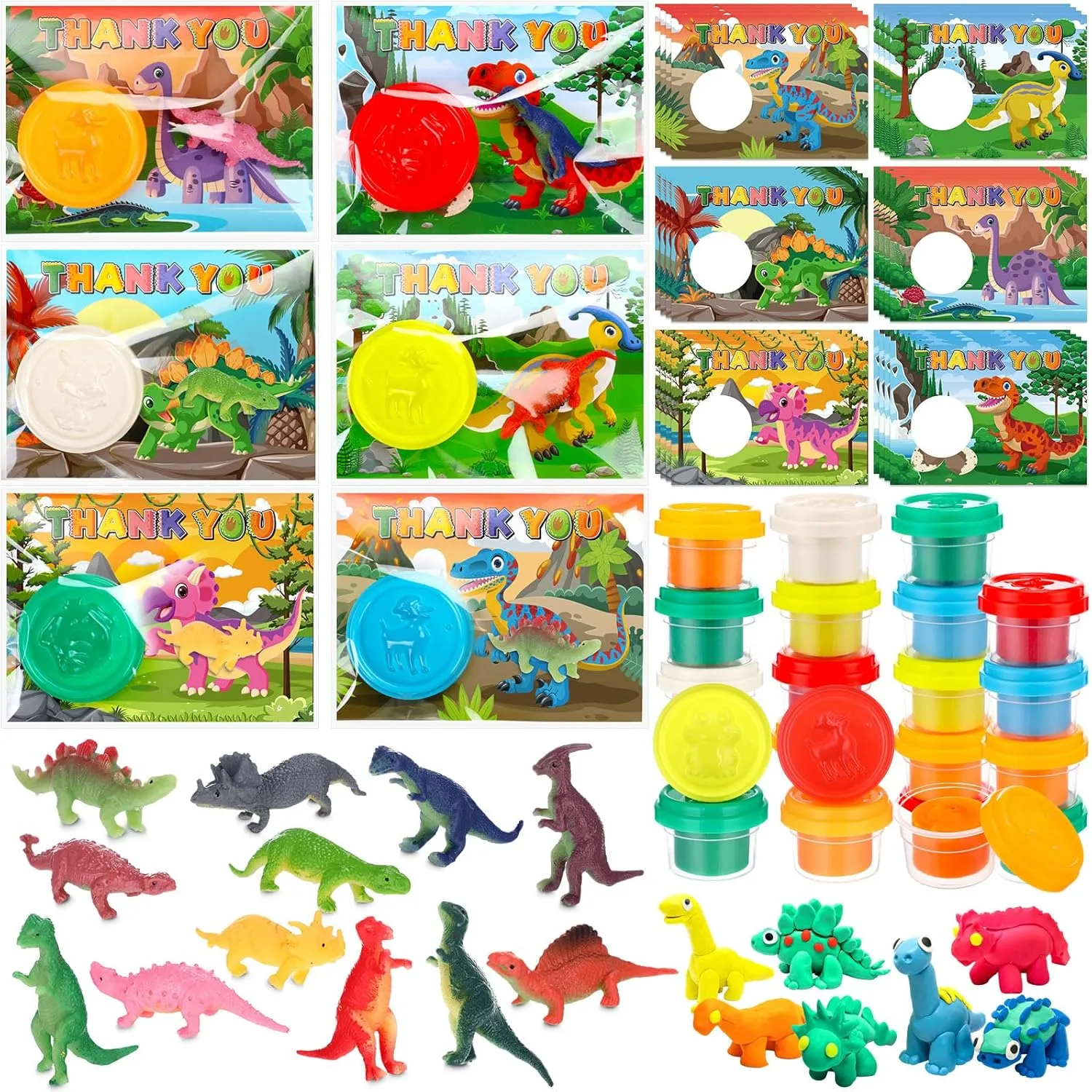 Blosssound 96 Pcs Dinosaur Party Favors Set, Mini Dino Figures Wild Dino Gift Cards DIY Molding Clays Dinosaur Theme Gifts for Boys Girls Jurassic Jungle Birthday Goodie Bag Filler (Dinosaur)