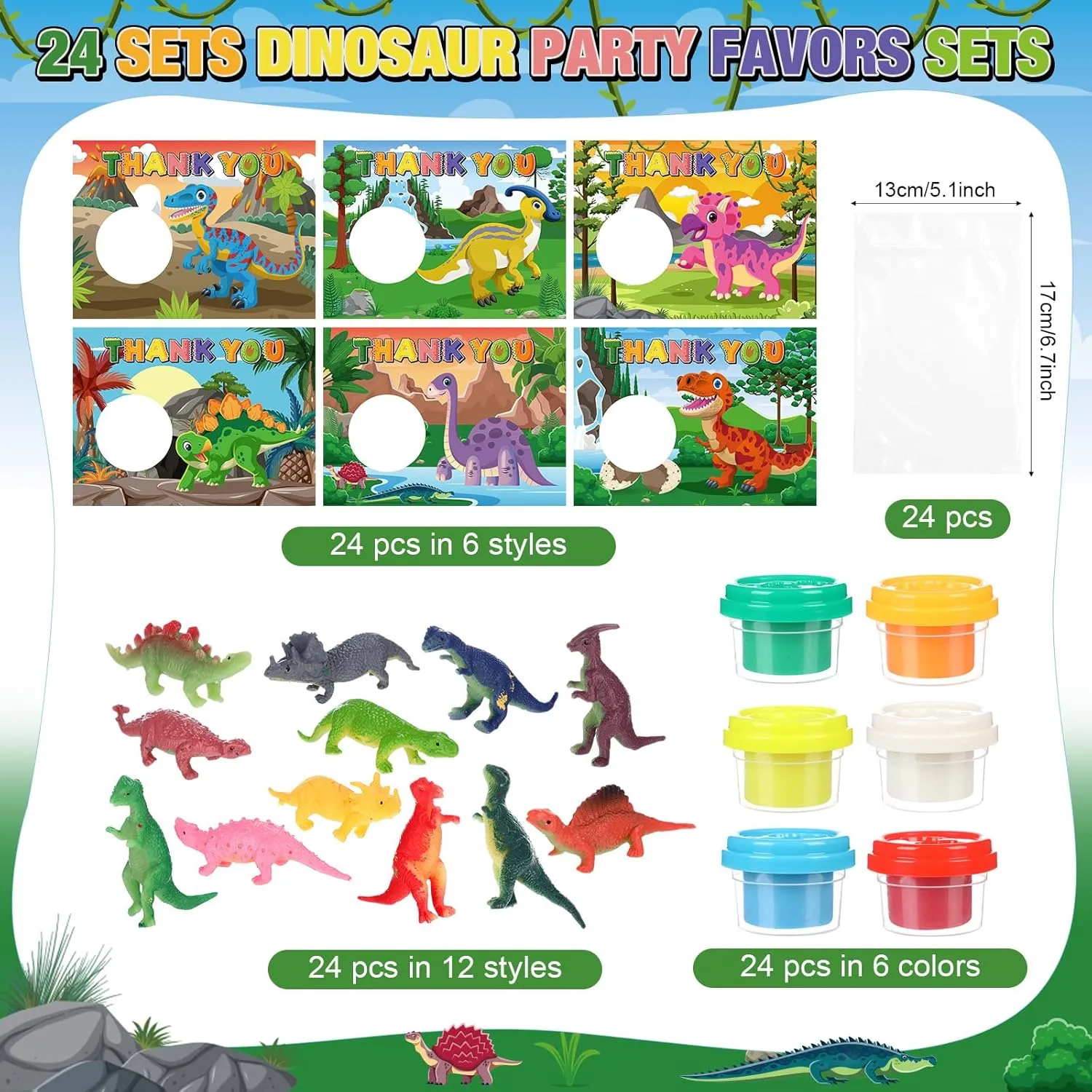 Blosssound 96 Pcs Dinosaur Party Favors Set, Mini Dino Figures Wild Dino Gift Cards DIY Molding Clays Dinosaur Theme Gifts for Boys Girls Jurassic Jungle Birthday Goodie Bag Filler (Dinosaur)