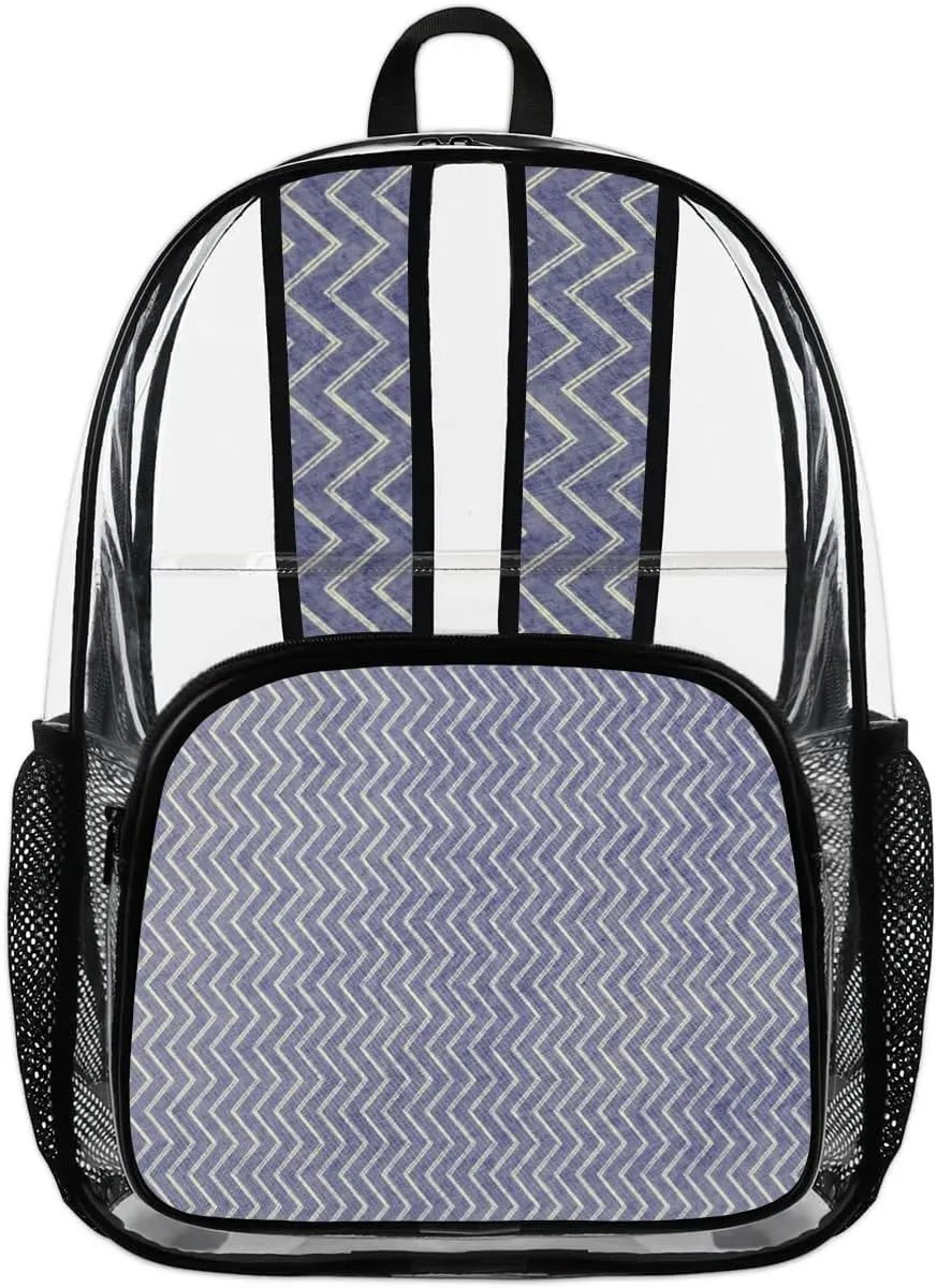 Blue White Lines Clear Backpack Stadium Approved Heavy Duty Transparent Backpack for Women Men Large PVC See Through Bag for Sports Event Concert Festival Work Travel