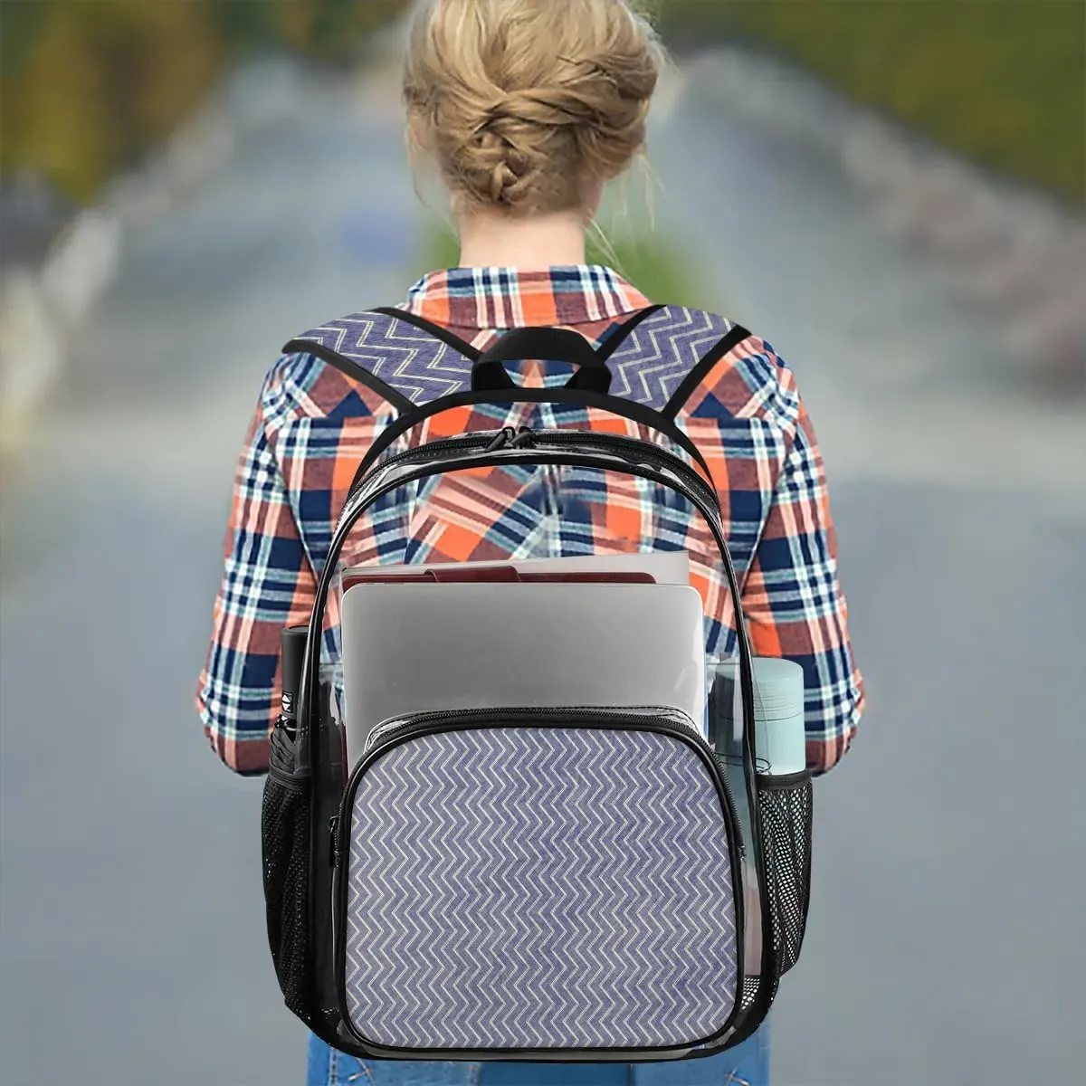 Blue White Lines Clear Backpack Stadium Approved Heavy Duty Transparent Backpack for Women Men Large PVC See Through Bag for Sports Event Concert Festival Work Travel