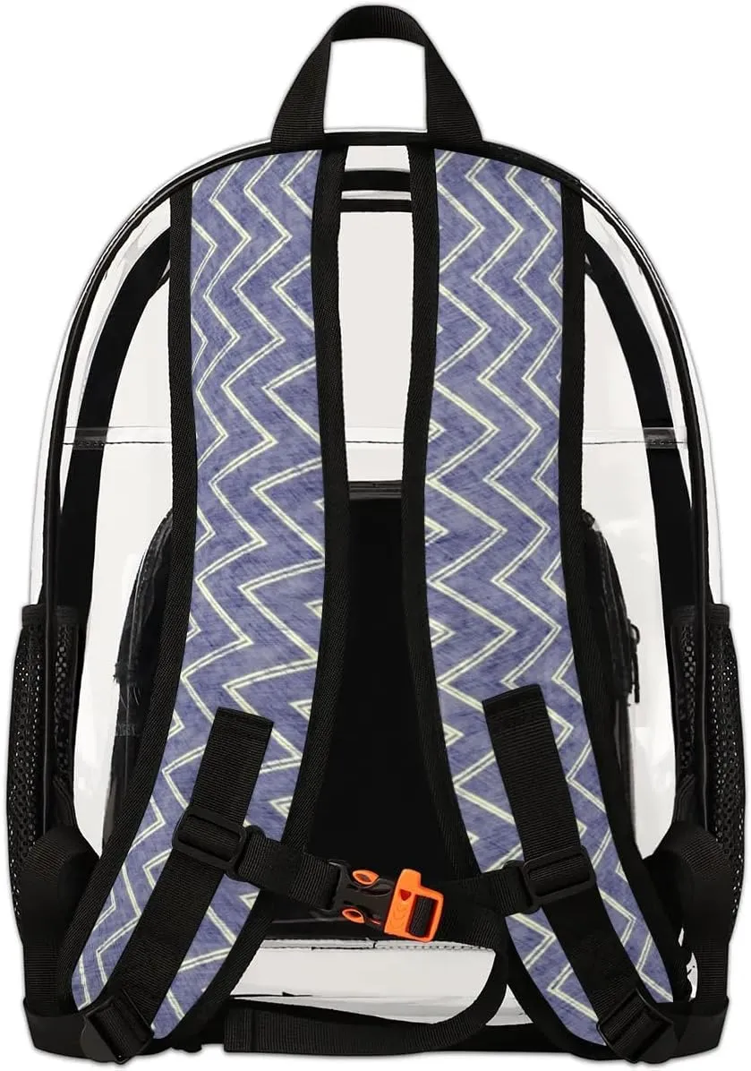 Blue White Lines Clear Backpack Stadium Approved Heavy Duty Transparent Backpack for Women Men Large PVC See Through Bag for Sports Event Concert Festival Work Travel