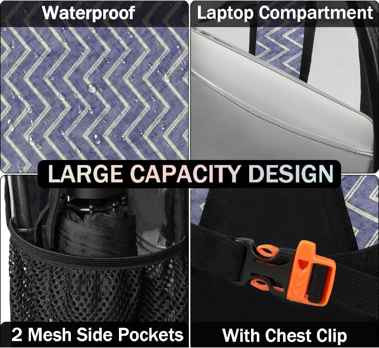 Blue White Lines Clear Backpack Stadium Approved Heavy Duty Transparent Backpack for Women Men Large PVC See Through Bag for Sports Event Concert Festival Work Travel