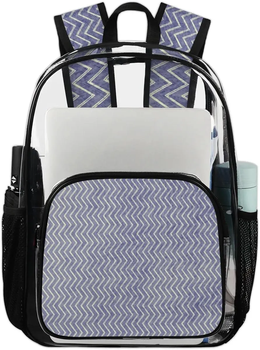 Blue White Lines Clear Backpack Stadium Approved Heavy Duty Transparent Backpack for Women Men Large PVC See Through Bag for Sports Event Concert Festival Work Travel