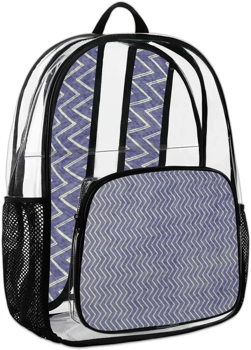Blue White Lines Clear Backpack Stadium Approved Heavy Duty Transparent Backpack for Women Men Large PVC See Through Bag for Sports Event Concert Festival Work Travel