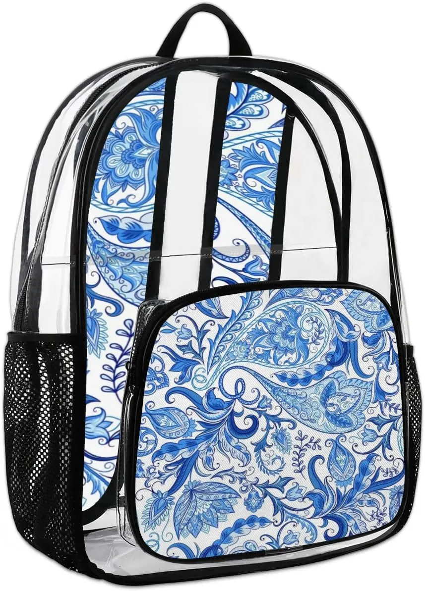 Blue White Paisley Pattern Clear Backpack Stadium Approved Heavy Duty Transparent Backpack for Women Men Large PVC See Through Bag for Sports Event Concert Festival Work Travel