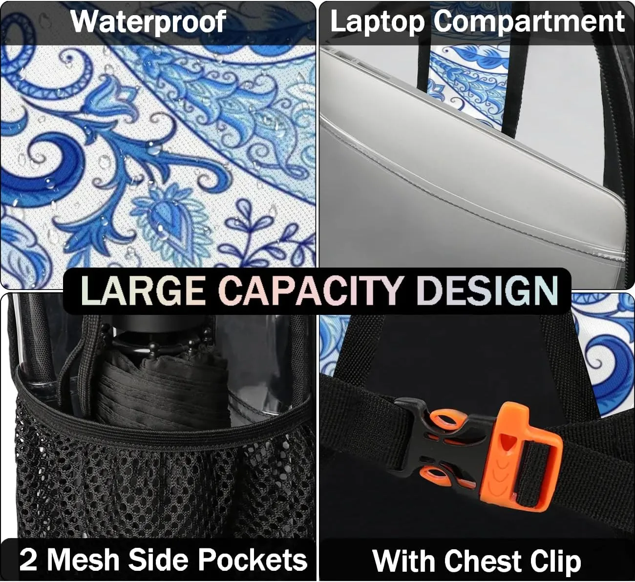 Blue White Paisley Pattern Clear Backpack Stadium Approved Heavy Duty Transparent Backpack for Women Men Large PVC See Through Bag for Sports Event Concert Festival Work Travel