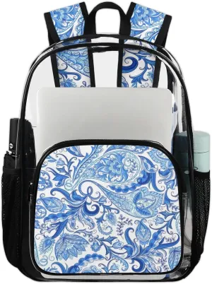 Blue White Paisley Pattern Clear Backpack Stadium Approved Heavy Duty Transparent Backpack for Women Men Large PVC See Through Bag for Sports Event Concert Festival Work Travel