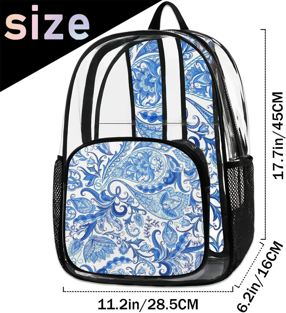 Blue White Paisley Pattern Clear Backpack Stadium Approved Heavy Duty Transparent Backpack for Women Men Large PVC See Through Bag for Sports Event Concert Festival Work Travel