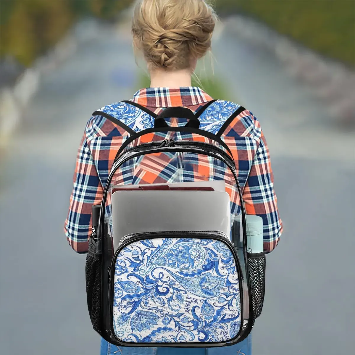 Blue White Paisley Pattern Clear Backpack Stadium Approved Heavy Duty Transparent Backpack for Women Men Large PVC See Through Bag for Sports Event Concert Festival Work Travel
