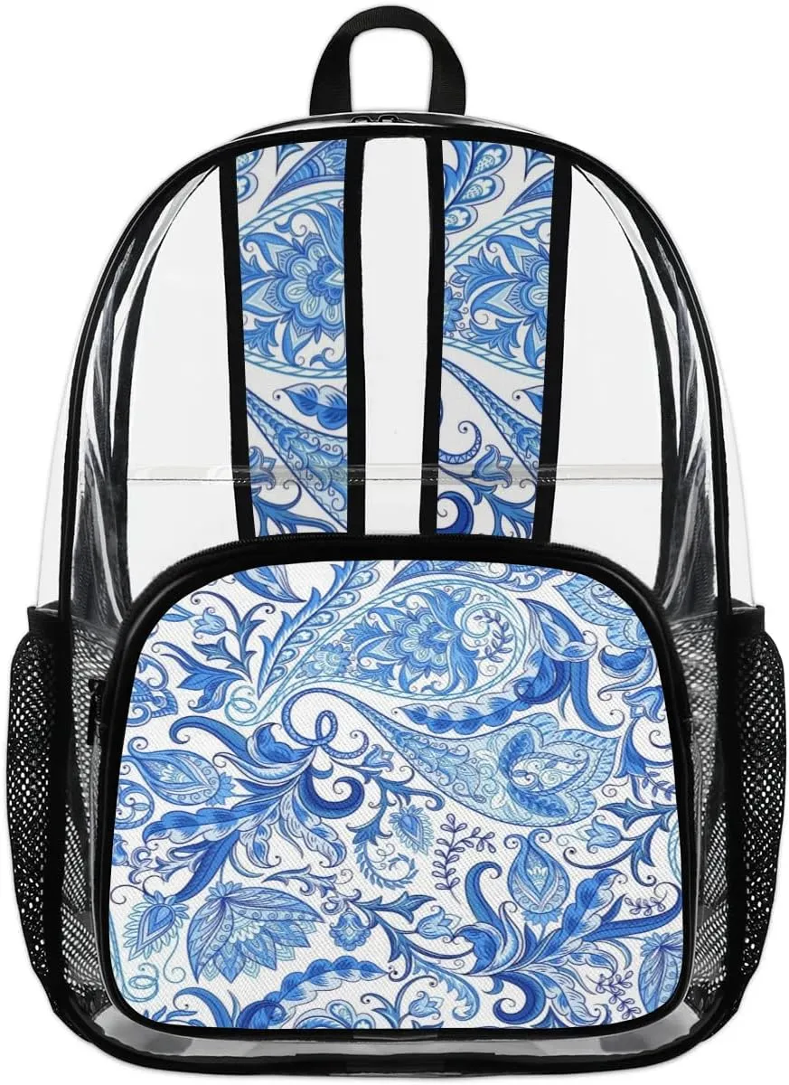 Blue White Paisley Pattern Clear Backpack Stadium Approved Heavy Duty Transparent Backpack for Women Men Large PVC See Through Bag for Sports Event Concert Festival Work Travel