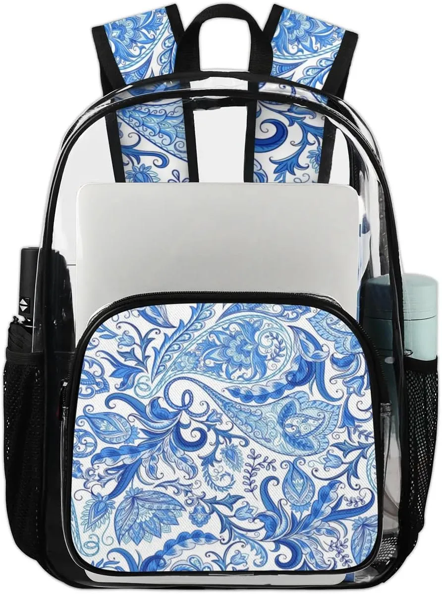 Blue White Paisley Pattern Clear Backpack Stadium Approved Heavy Duty Transparent Backpack for Women Men Large PVC See Through Bag for Sports Event Concert Festival Work Travel