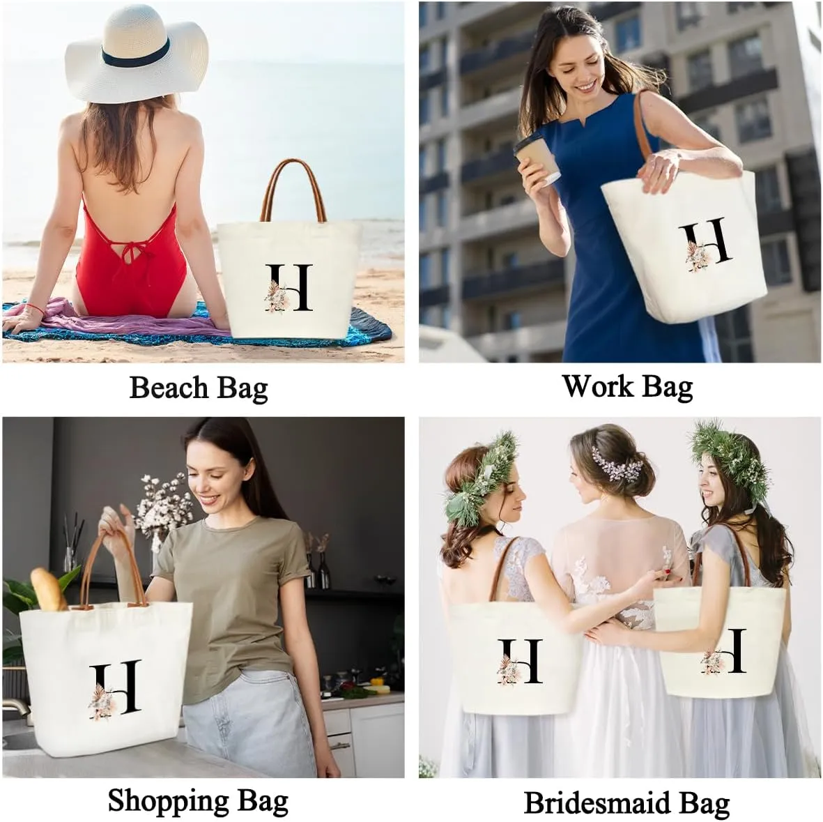 Boho Monogram Initial H Tote Bags for Women, Personalized Canvas Tote Bags Monogrammed Gifts for Women Birthday Wedding Gifts for Mom Sister Teacher Friend Bridesmaid, Beach Bag Shopping Handbag -ZM08