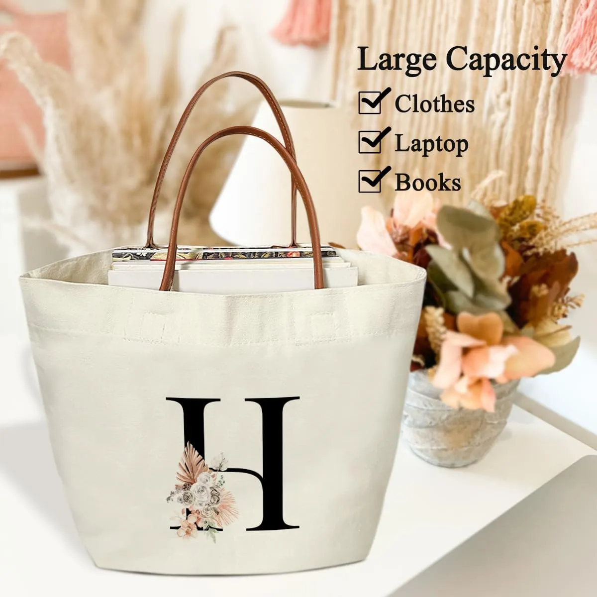 Boho Monogram Initial H Tote Bags for Women, Personalized Canvas Tote Bags Monogrammed Gifts for Women Birthday Wedding Gifts for Mom Sister Teacher Friend Bridesmaid, Beach Bag Shopping Handbag -ZM08