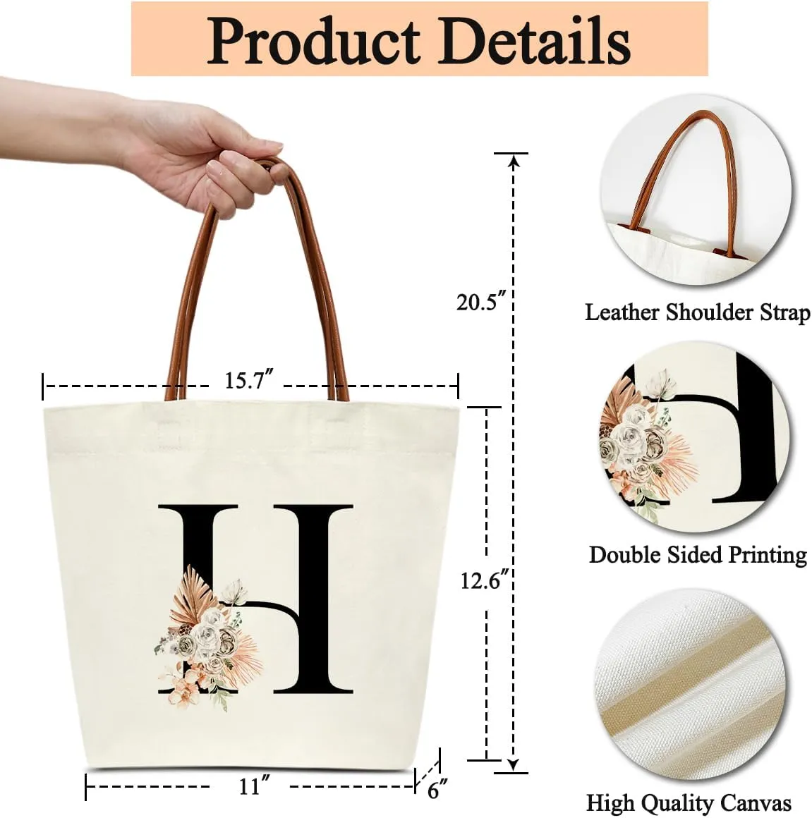 Boho Monogram Initial H Tote Bags for Women, Personalized Canvas Tote Bags Monogrammed Gifts for Women Birthday Wedding Gifts for Mom Sister Teacher Friend Bridesmaid, Beach Bag Shopping Handbag -ZM08