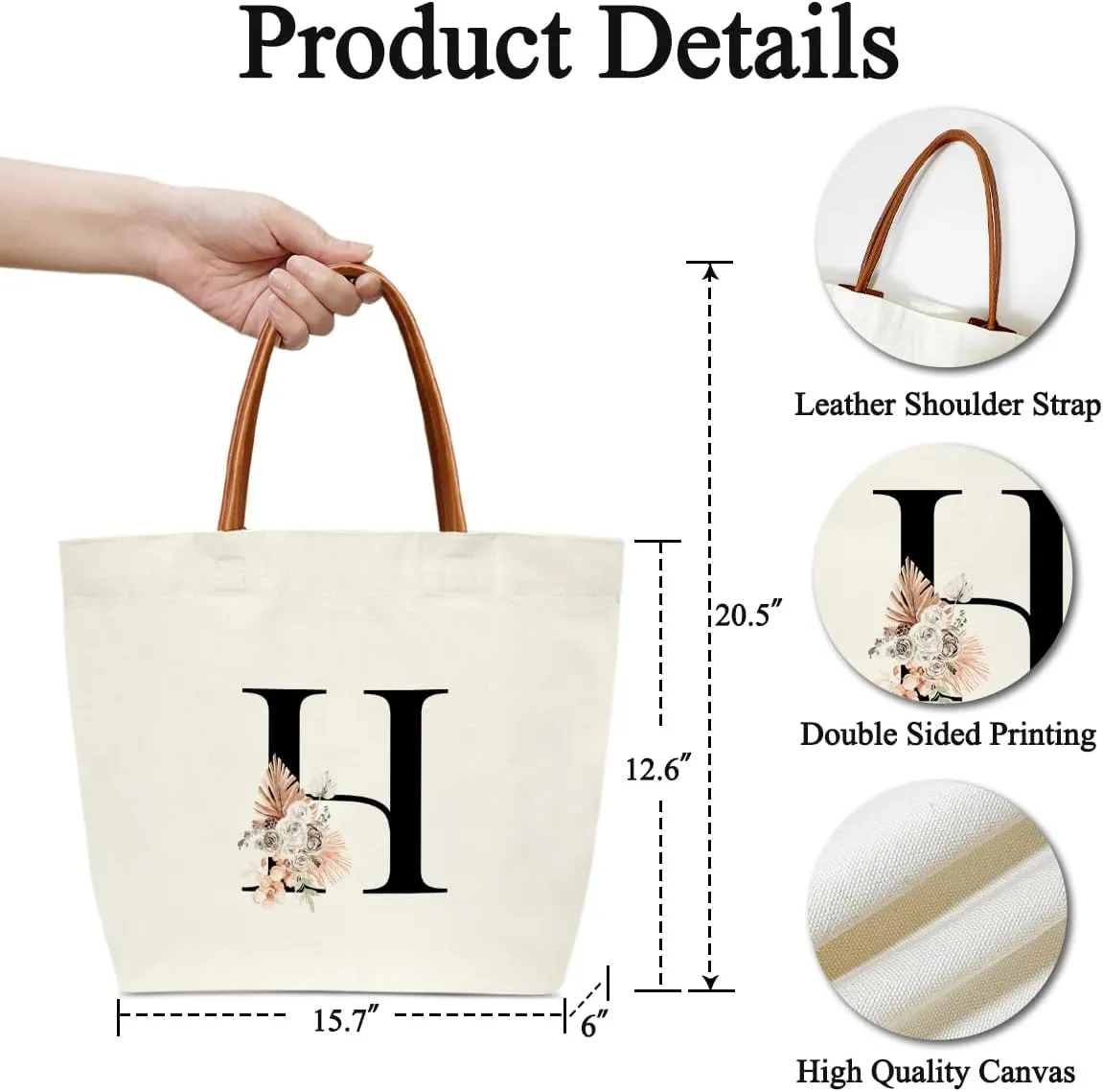Boho Monogram Initial H Tote Bags for Women, Personalized Canvas Tote Bags Monogrammed Gifts for Women Birthday Wedding Gifts for Mom Sister Teacher Friend Bridesmaid, Beach Bag Shopping Handbag -ZM08