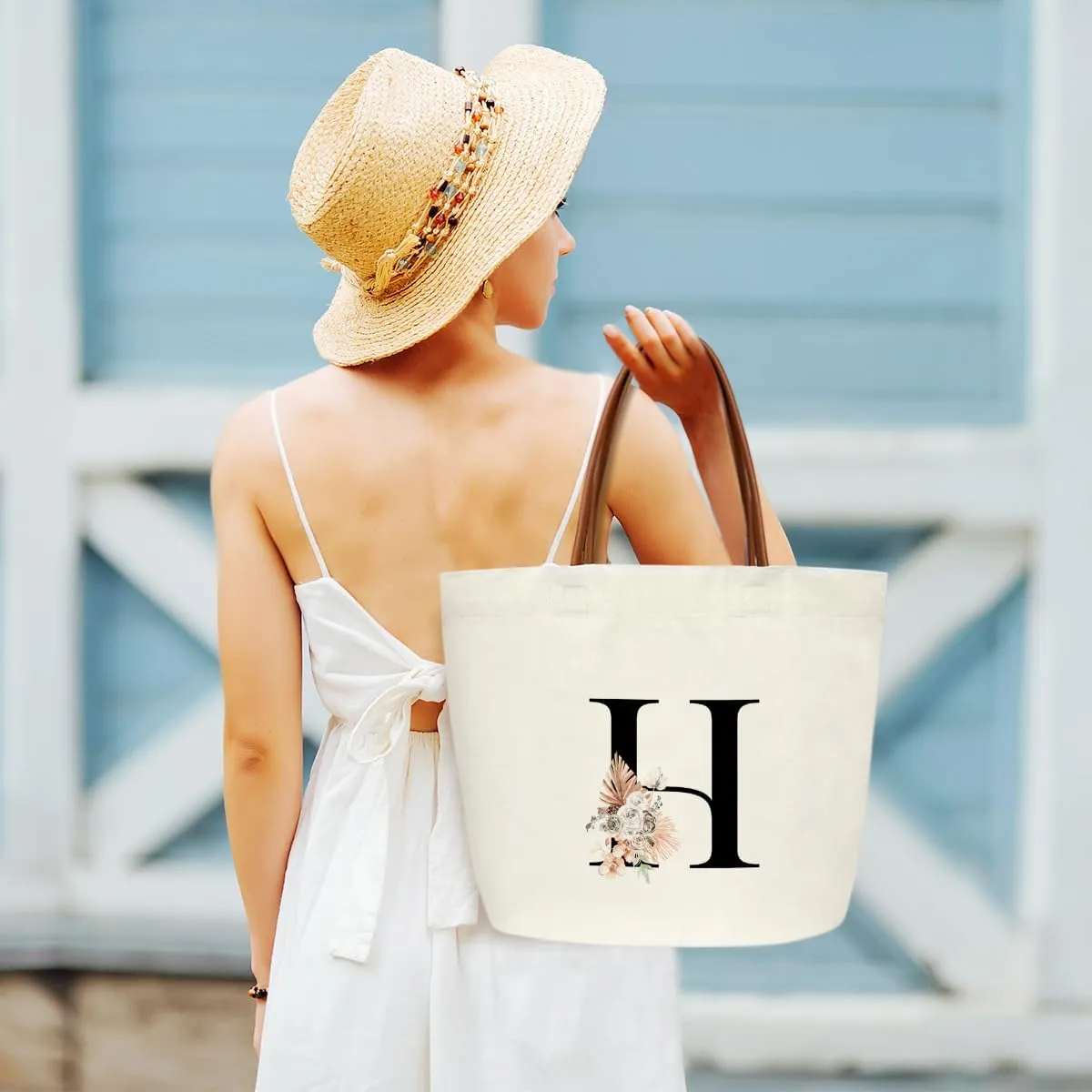 Boho Monogram Initial H Tote Bags for Women, Personalized Canvas Tote Bags Monogrammed Gifts for Women Birthday Wedding Gifts for Mom Sister Teacher Friend Bridesmaid, Beach Bag Shopping Handbag -ZM08