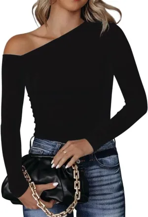 BONITEE Women's Sexy One Off The Shoulder Tops Asymmetrical Neck Clothes Long Sleeve Shirt Slim Going Out Top