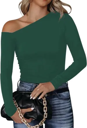 BONITEE Women's Sexy One Off The Shoulder Tops Asymmetrical Neck Clothes Long Sleeve Shirt Slim Going Out Top