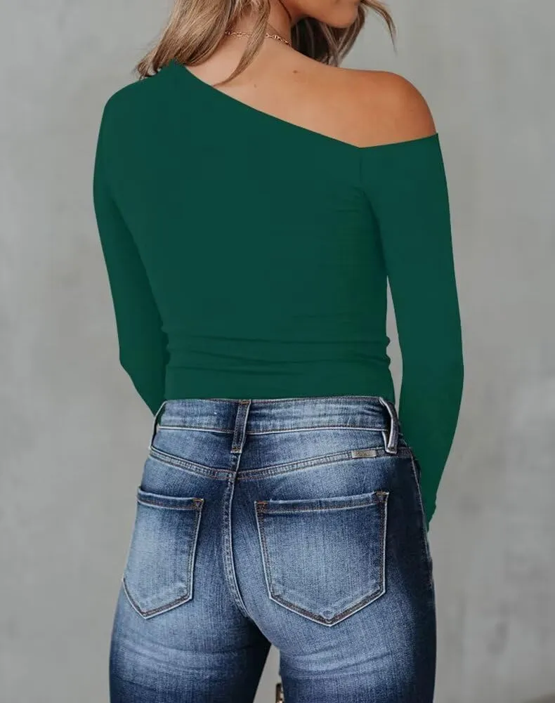 BONITEE Women's Sexy One Off The Shoulder Tops Asymmetrical Neck Clothes Long Sleeve Shirt Slim Going Out Top