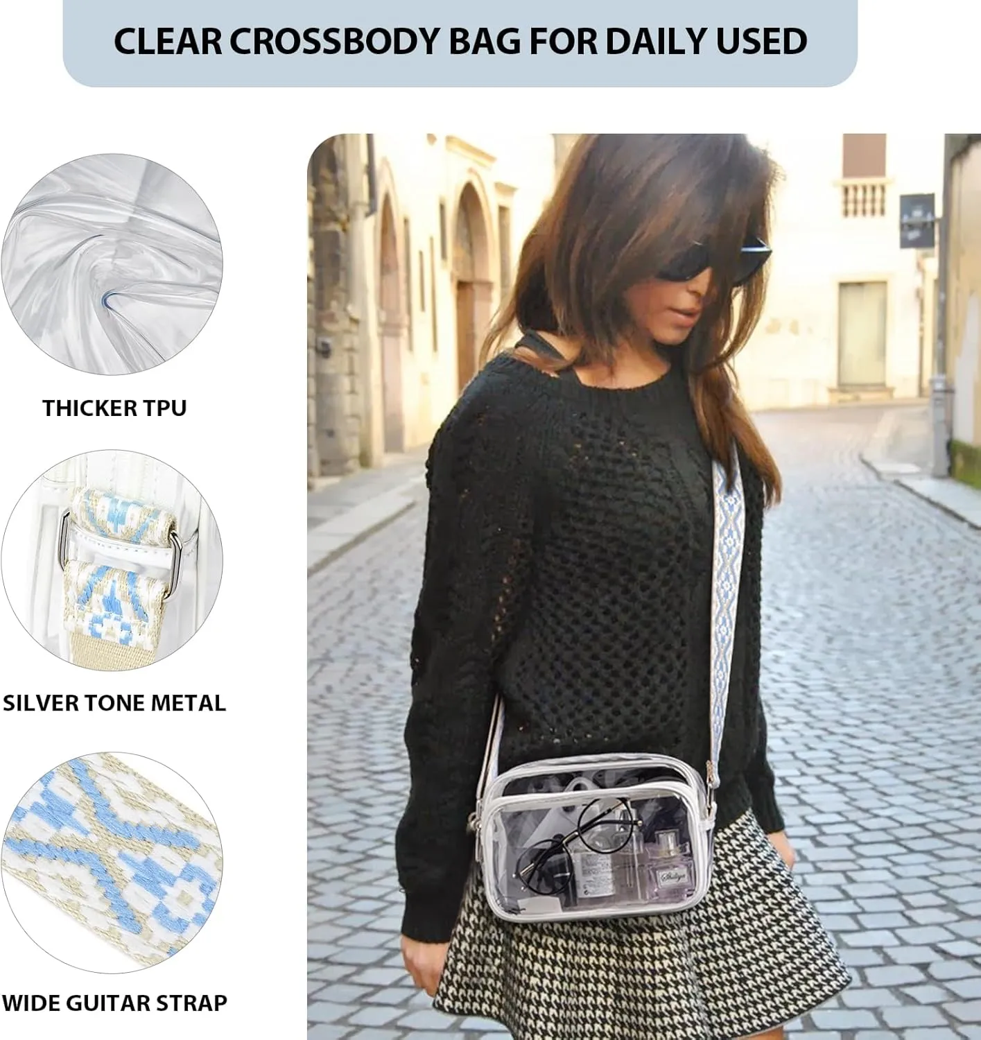 BOSTANTEN Clear Bag for Women Stadium Approved Clear Bags Small Crossbody Purse Trendy for Concerts Sports Events