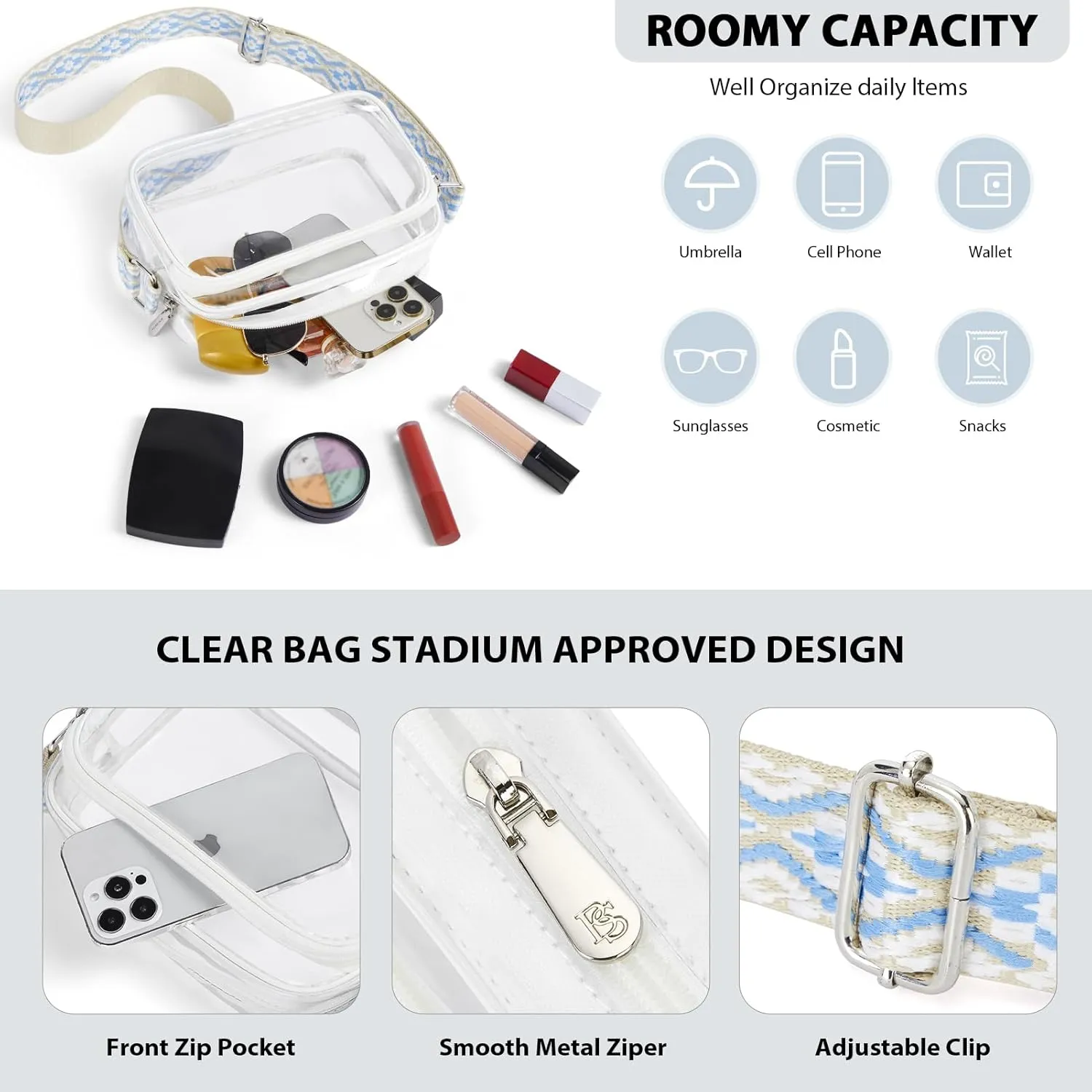 BOSTANTEN Clear Bag for Women Stadium Approved Clear Bags Small Crossbody Purse Trendy for Concerts Sports Events
