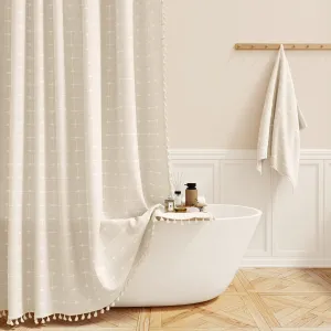 BTTN Boho Farmhouse Shower Curtain Set with Tassel - Linen Rustic Heavy Duty Fabric, Water Repellent, Modern Bohemian French Country Thick Bathroom Shower Curtains - Cream/Beige, 72x72